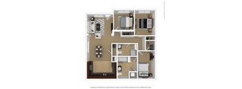 A floor plan of a small apartment with a kitchen, living room, and bedroom.