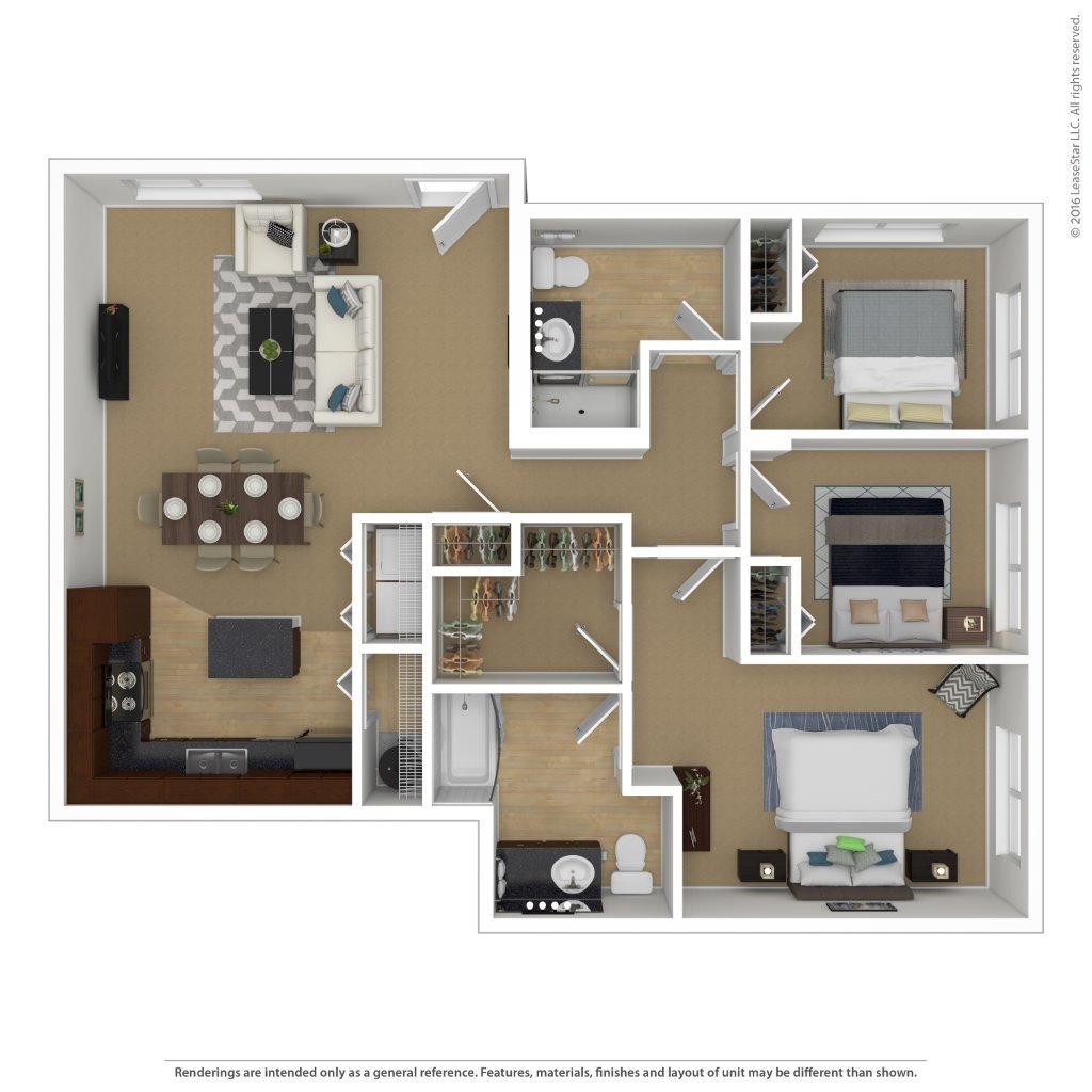 A floor plan of a small apartment with a kitchen, living room, and two bedrooms.