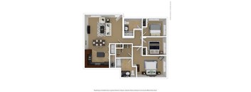A floor plan of a small apartment with a kitchen, living room, and two bedrooms.