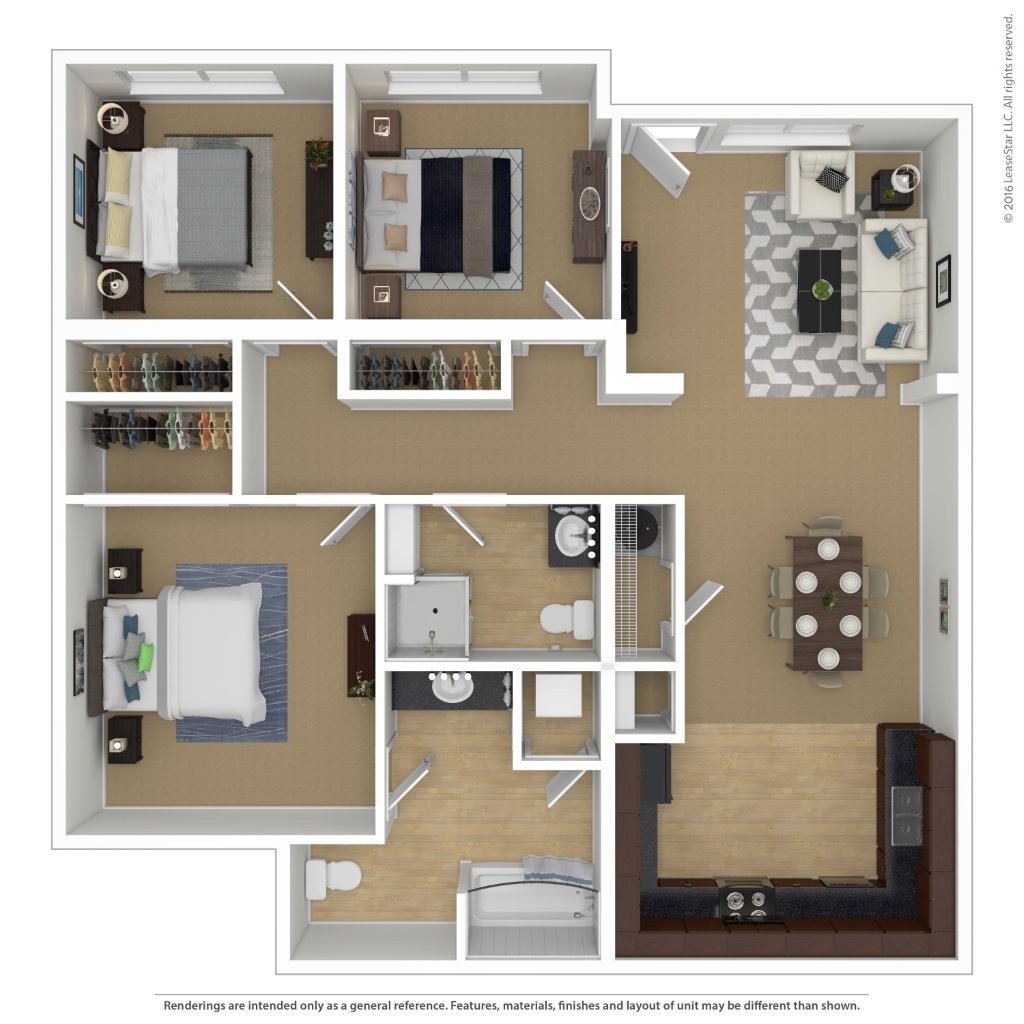 A floor plan of a small apartment with a kitchen, living room, and two bedrooms.