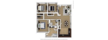 A floor plan of a small apartment with a kitchen, living room, and two bedrooms.