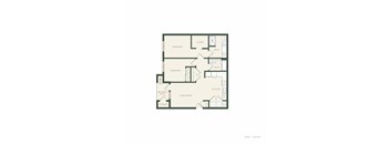 A floor plan of a home with two bedrooms, a living room, a kitchen, a bath, a balcony/patio, and storage.