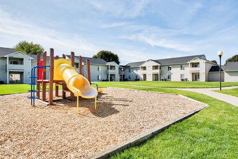 A playground with a yellow slide and a red and blue slide.