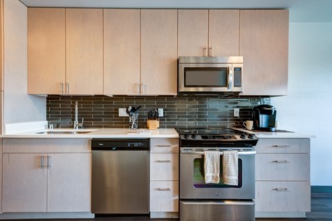 A modern kitchen with a stainless steel dishwasher and oven.