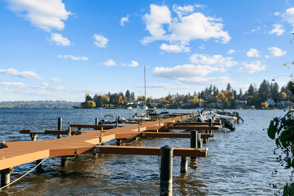 a dock on a lake with boats docked on it