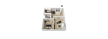 A 3D image of a house layout with a living room, kitchen, and bedrooms.