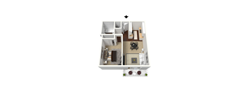 A top down view of a small apartment with a kitchen, living room and bedroom.