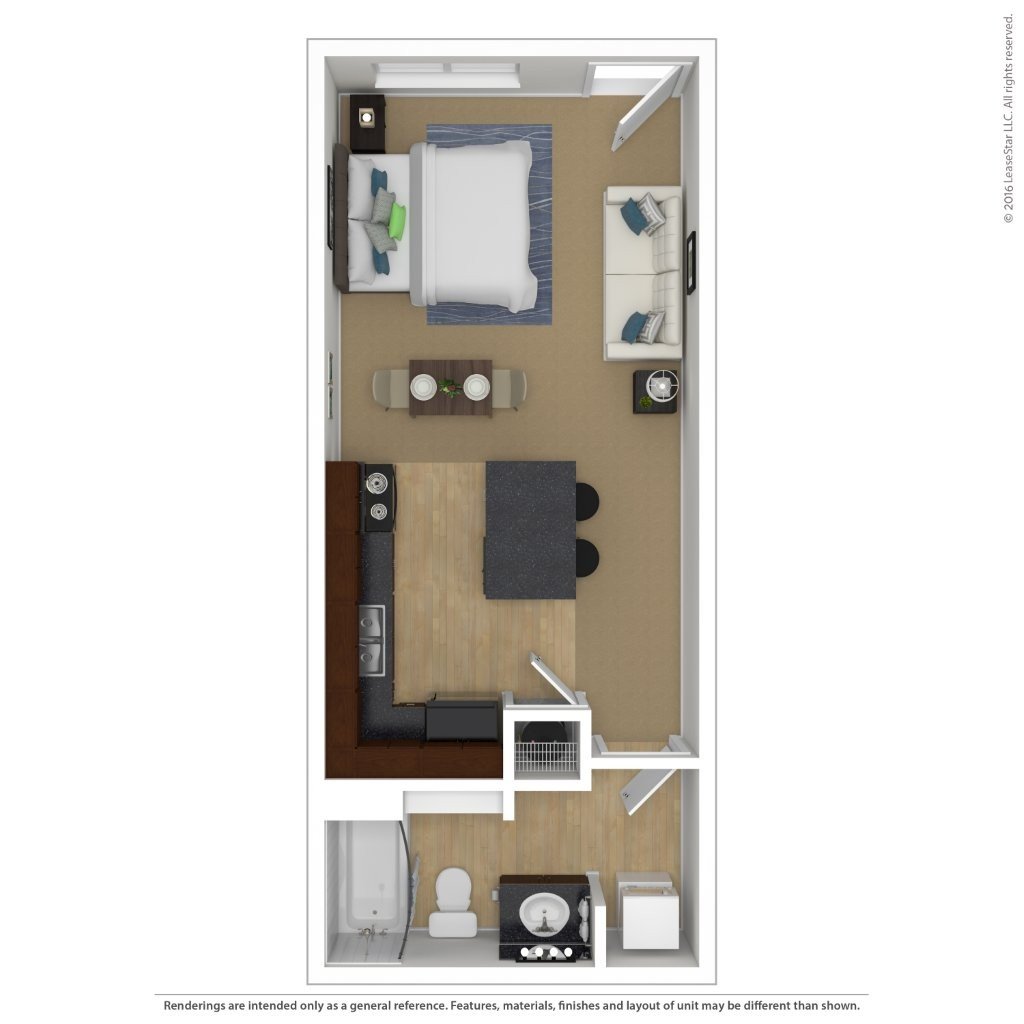 A floor plan of a small apartment with a bedroom, living room, and kitchen.