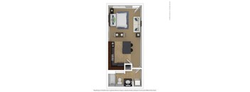 A floor plan of a small apartment with a bedroom, living room, and kitchen.