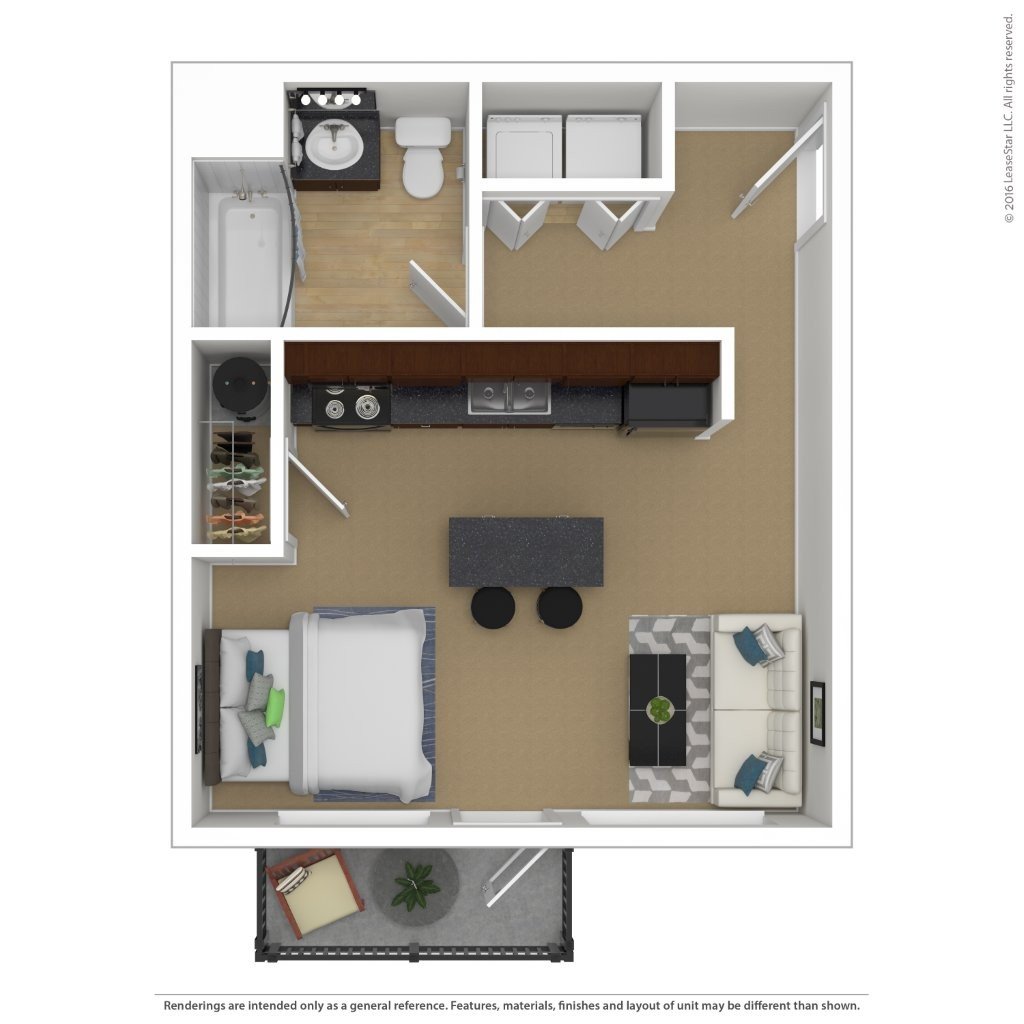 A floor plan of a small apartment with a kitchen, living room, and bathroom.