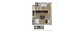 A floor plan of a small apartment with a kitchen, living room, and bathroom.
