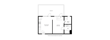 A floor plan of a small apartment with a kitchen, living room, bedroom, and bathroom.