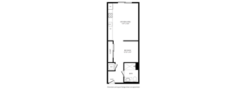 A floor plan of a small apartment with a kitchen, bedroom, and bathroom.