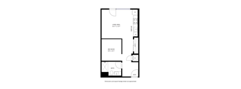 A floor plan of a small apartment with a living area, bed nook, bath, and entry.