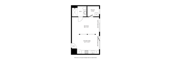 A floor plan of a small apartment with a bathroom, kitchen, and living room.