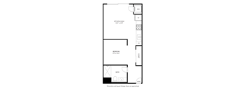 A floor plan of a room with a kitchen, bedroom, and bathroom.
