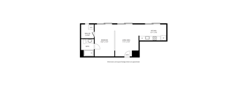 A floor plan of a house with a bedroom, bathroom, living area, and kitchen.