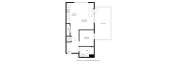 A floor plan of a small apartment with a kitchen, living area, bedroom, bathroom, and balcony.