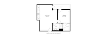A black and white floor plan of a small apartment with a kitchen, living room, bedroom, bathroom, and walk-in closet.