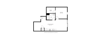 A floor plan of a small apartment with a kitchen, bathroom, and bedroom.