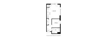 A floor plan of a small apartment with a kitchen, bathroom, and bedroom.