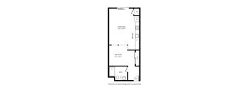 A floor plan of a small apartment with a living area, bedroom, and bathroom.