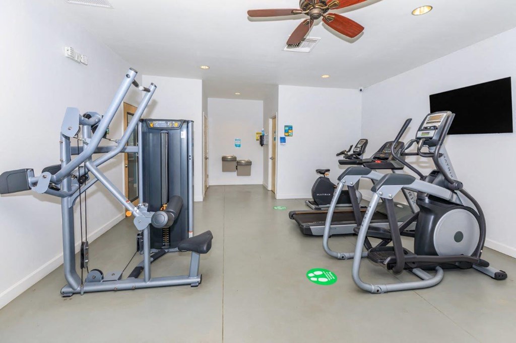 A gym with a row of treadmills and a weight machine.