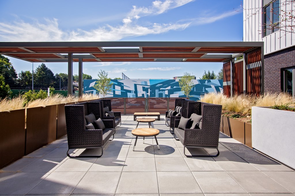 Grant Park village outdoor sitting area on sunny day