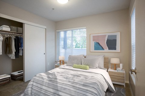 a bedroom with a bed and closet and a window