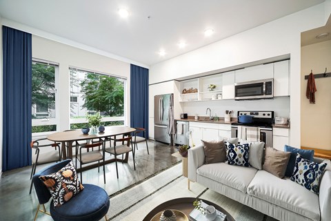 a living room with a couch and a table