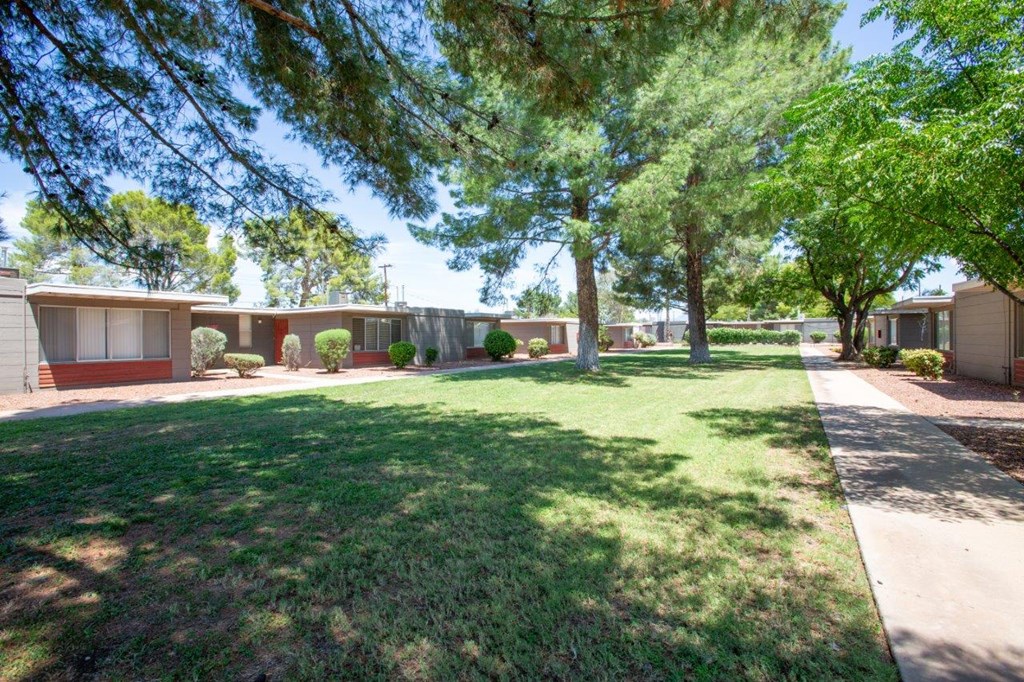 A row of houses with green lawns and trees in front.