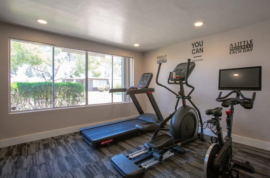 A gym room with a treadmill, exercise bike, and rowing machine.