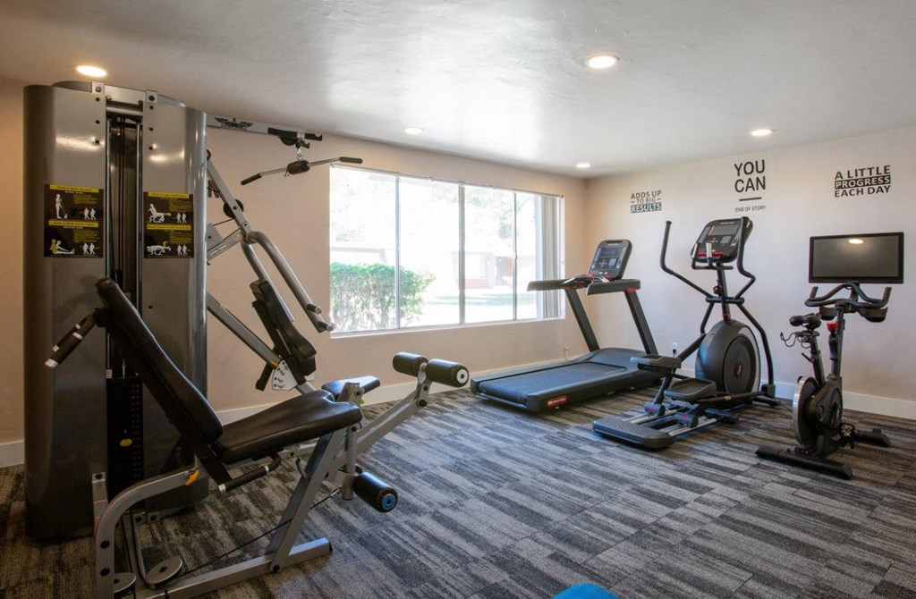 A gym with a variety of equipment including treadmills, elliptical machines, and a weight rack.