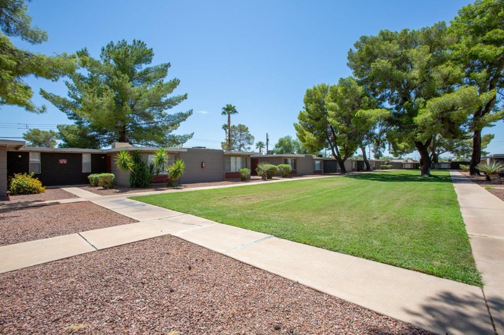 A sunny day at a residential area with houses and trees.