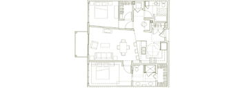 A floor plan of a house with a kitchen, living room, and bathrooms.