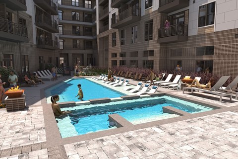 a rendering of an apartment pool with people in it