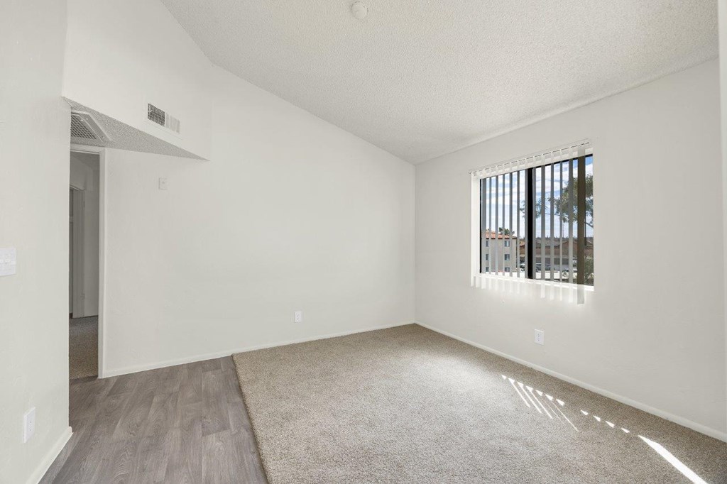 A room with a window and a rug on the floor.