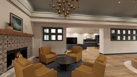 A living room with a fireplace and a chandelier.
