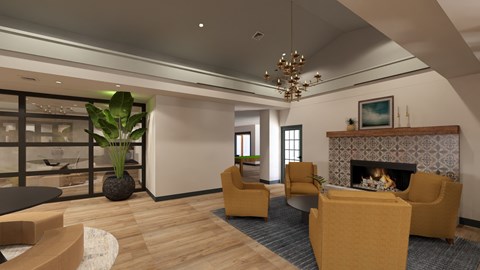 A living room with a fireplace and a plant.