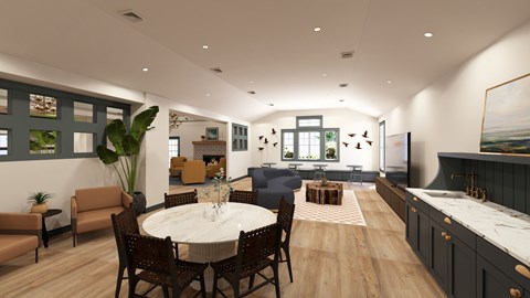 A modern dining room with a round table and chairs.