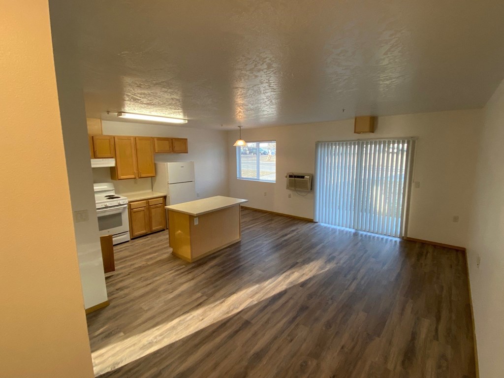 an open living room with a kitchen in the background