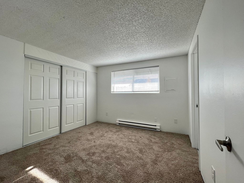 an empty room with carpet and a window