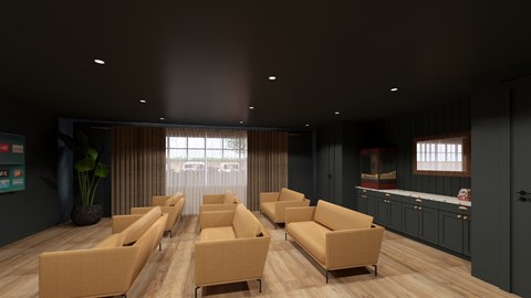 A waiting room with tan chairs and a large window.