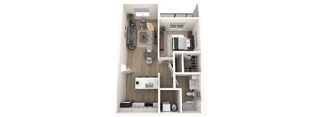 A top-down view of a small apartment with a kitchen, living room, and bathroom.