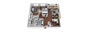 A 3D floor plan of a house with multiple rooms and furniture.