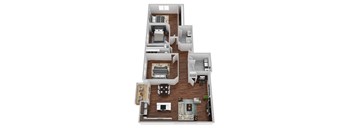 A floor plan of a house with a kitchen, living room, and two bedrooms.