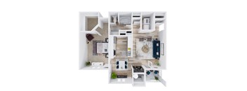 A top-down view of a modern apartment layout with a kitchen, living room, and bathroom.