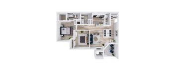 A top-down view of a modern apartment with a living room, kitchen, and dining area.