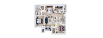 A top-down view of a modern apartment layout with various rooms and furniture.
