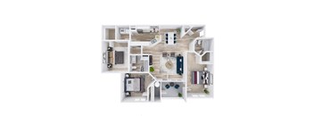 A top-down view of a small apartment with a kitchen, living room, and bedroom.